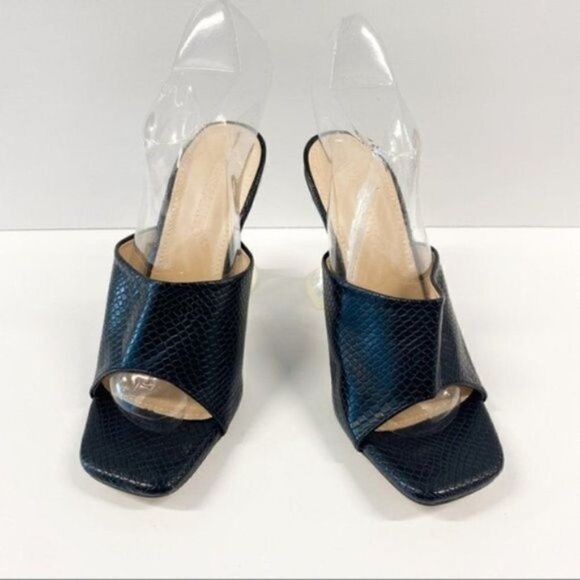 Women Peep Toe Fashion Block Heels Slipper Faux Leather Shoes Pump Slip On Shoes - Picture 1 of 8